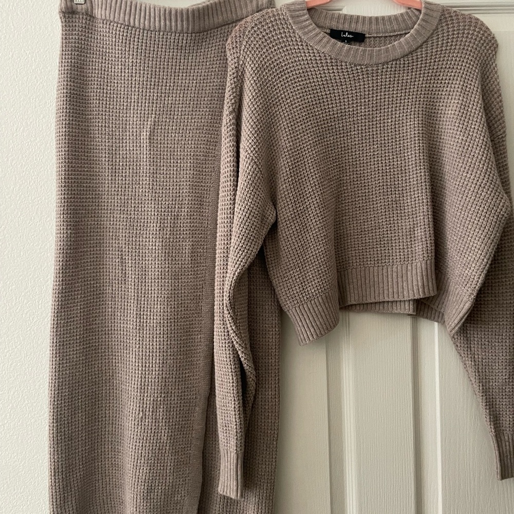Lulu's Taupe Knit Sweater and Skirt Set